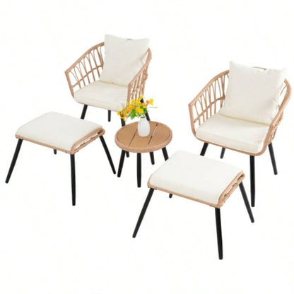 5 Piece Patio Bistro Set with Ottoman, Outdoor Wicker Apartment Balcony Furniture Sets, Rattan Table and Chairs Set of 2 Porch Backyard Deck, Yellow, Beige