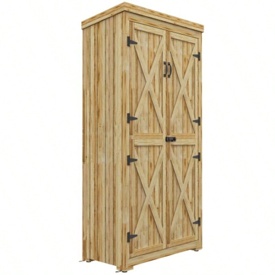Outsunny Wooden Garden Shed, Outdoor Storage Cabinet with Waterproof Galvanized Metal Roof, Narrow Shed with 3 Shelves and Lockable Door, Natural