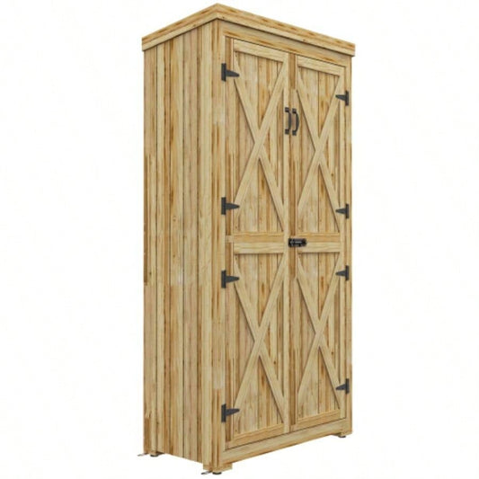 Outsunny Wooden Garden Shed, Outdoor Storage Cabinet with Waterproof Galvanized Metal Roof, Narrow Shed with 3 Shelves and Lockable Door, Natural