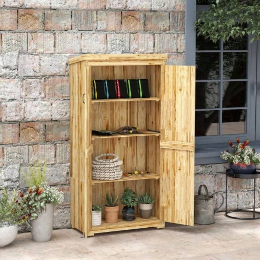 Outsunny Wooden Garden Shed, Outdoor Storage Cabinet with Waterproof Galvanized Metal Roof, Narrow Shed with 3 Shelves and Lockable Door, Natural