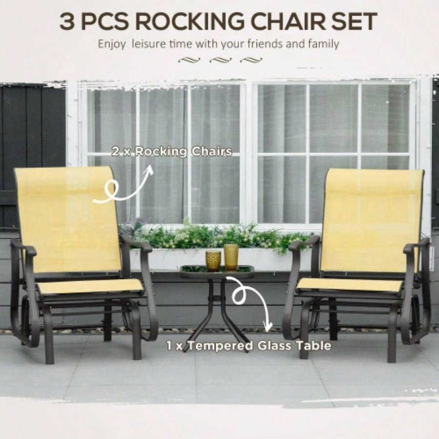 Outsunny 3 - Piece Outdoor Gliders Set Bistro Set with Steel Frame, Tempered Glass Top Table Patio, Garden, Backyard, Lawn, Beige