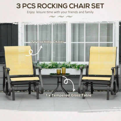 Outsunny 3 - Piece Outdoor Gliders Set Bistro Set with Steel Frame, Tempered Glass Top Table Patio, Garden, Backyard, Lawn, Beige