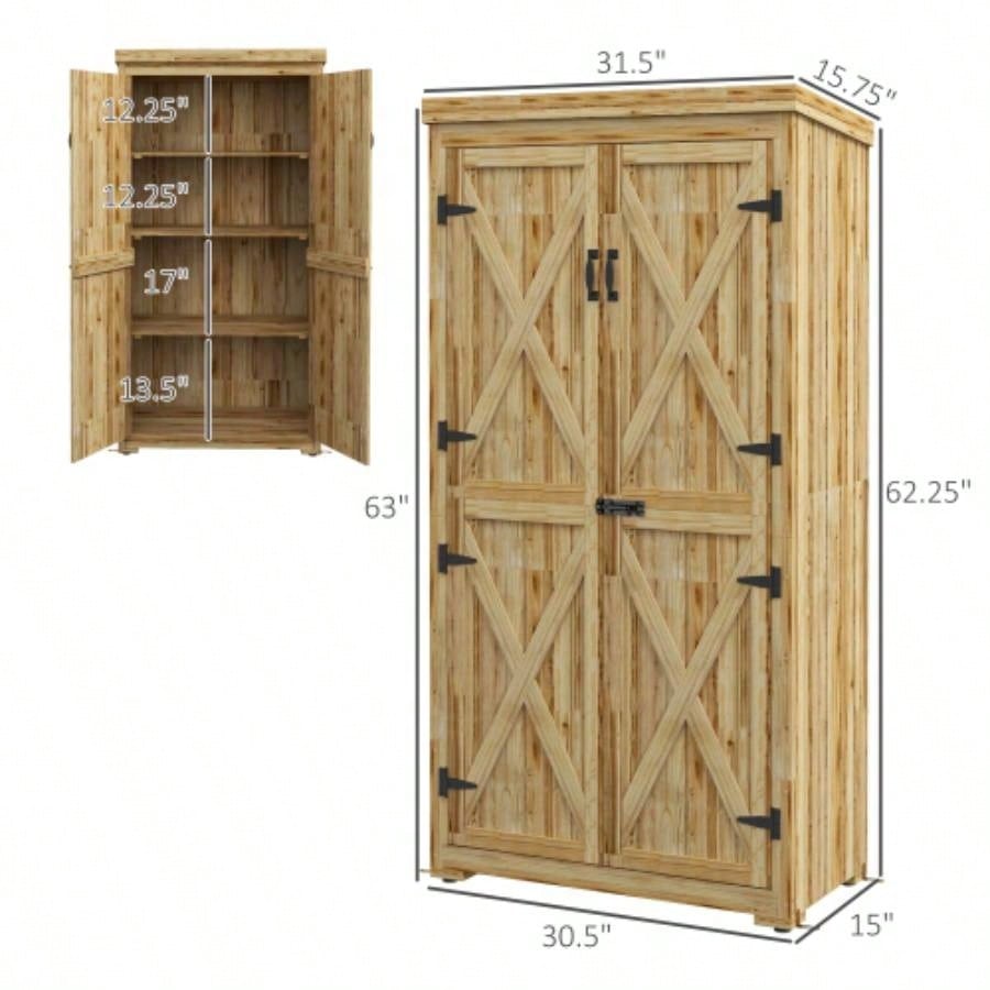Outsunny Wooden Garden Shed, Outdoor Storage Cabinet with Waterproof Galvanized Metal Roof, Narrow Shed with 3 Shelves and Lockable Door, Natural