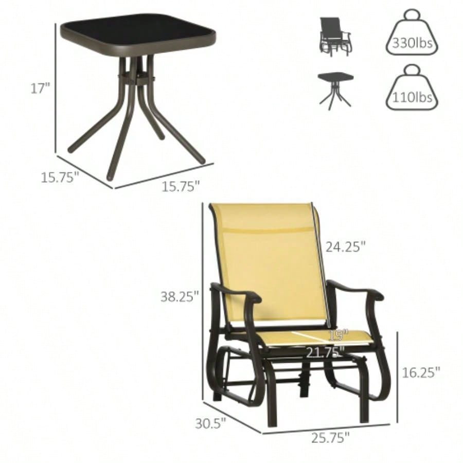 Outsunny 3 - Piece Outdoor Gliders Set Bistro Set with Steel Frame, Tempered Glass Top Table Patio, Garden, Backyard, Lawn, Beige