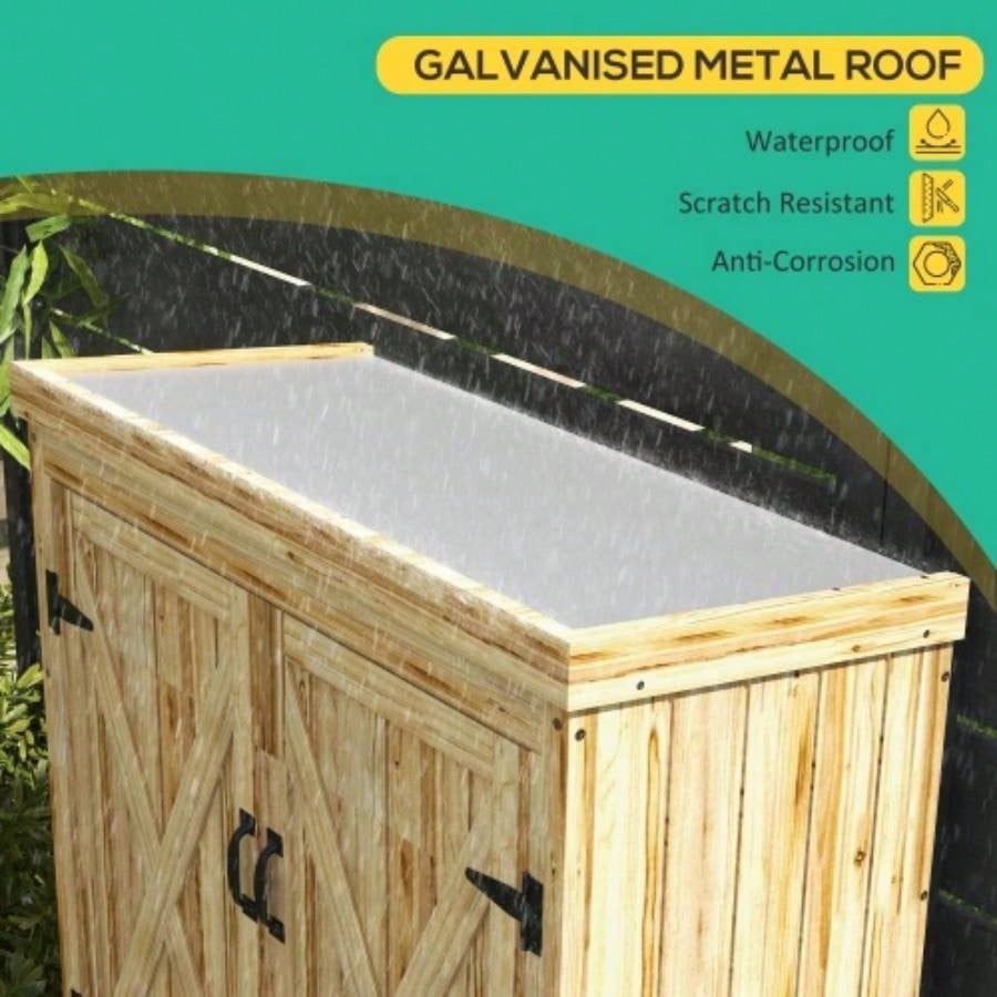 Outsunny Wooden Garden Shed, Outdoor Storage Cabinet with Waterproof Galvanized Metal Roof, Narrow Shed with 3 Shelves and Lockable Door, Natural