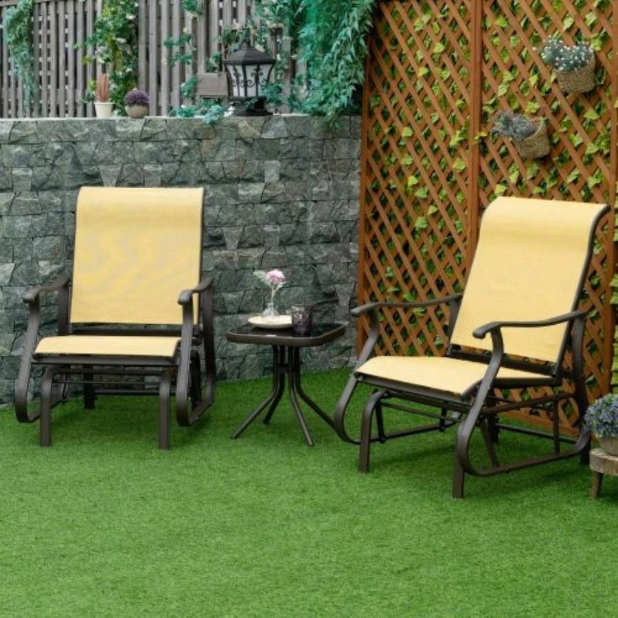 Outsunny 3 - Piece Outdoor Gliders Set Bistro Set with Steel Frame, Tempered Glass Top Table Patio, Garden, Backyard, Lawn, Beige