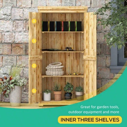 Outsunny Wooden Garden Shed, Outdoor Storage Cabinet with Waterproof Galvanized Metal Roof, Narrow Shed with 3 Shelves and Lockable Door, Natural