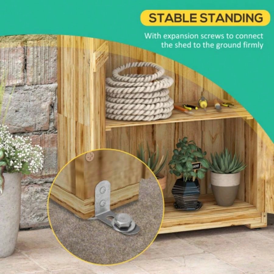 Outsunny Wooden Garden Shed, Outdoor Storage Cabinet with Waterproof Galvanized Metal Roof, Narrow Shed with 3 Shelves and Lockable Door, Natural
