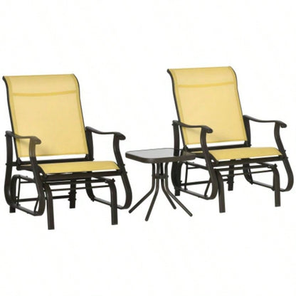 Outsunny 3 - Piece Outdoor Gliders Set Bistro Set with Steel Frame, Tempered Glass Top Table Patio, Garden, Backyard, Lawn, Beige