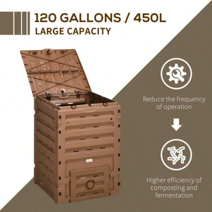 Outsunny Garden Compost Bin, 120 Gallon 450L Garden Composter, with 80 Vents and 2 Sliding Doors, Lightweight Sturdy, Fast Creation of Fertile Soil, Brown