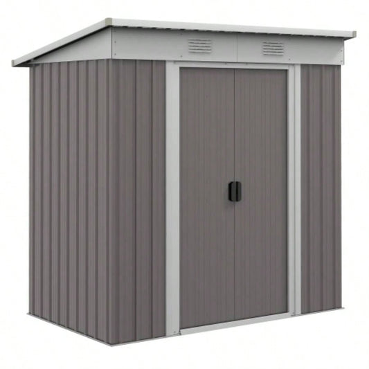 Outsunny 6x 4 Metal Lean to Garden Shed, Outdoor Storage Shed, Garden House with Double Sliding Doors, 2 Vents Backyard, Patio, Lawn, Gray