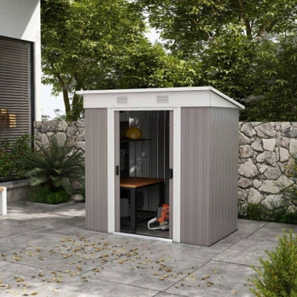 Outsunny 6x 4 Metal Lean to Garden Shed, Outdoor Storage Shed, Garden House with Double Sliding Doors, 2 Vents Backyard, Patio, Lawn, Gray