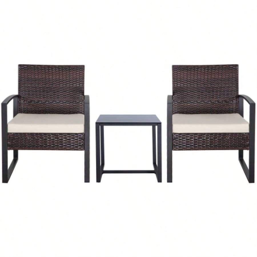 3 Piece Outdoor PE Wicker Furniture Set, Patio Brown Rattan Sectional Sofa Couch with Washable Cushions