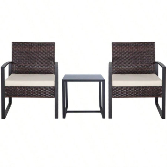 3 Piece Outdoor PE Wicker Furniture Set, Patio Brown Rattan Sectional Sofa Couch with Washable Cushions