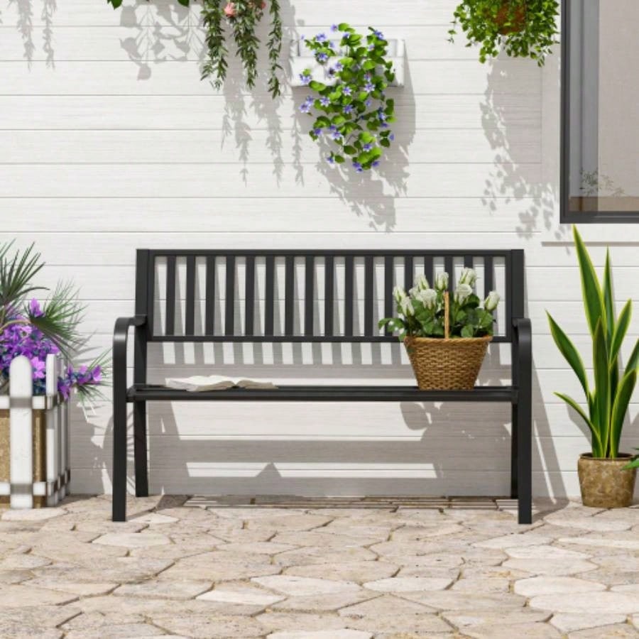 Outsunny 50 Outdoor Garden, Patio with Slatted, Metal Porch Backyard, Poolside, Lawn, Black