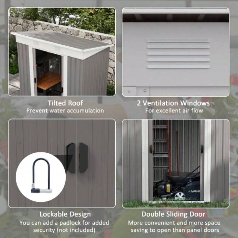 Outsunny 6x 4 Metal Lean to Garden Shed, Outdoor Storage Shed, Garden House with Double Sliding Doors, 2 Vents Backyard, Patio, Lawn, Gray