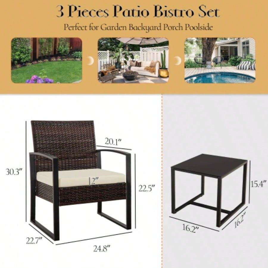 3 Piece Outdoor PE Wicker Furniture Set, Patio Brown Rattan Sectional Sofa Couch with Washable Cushions