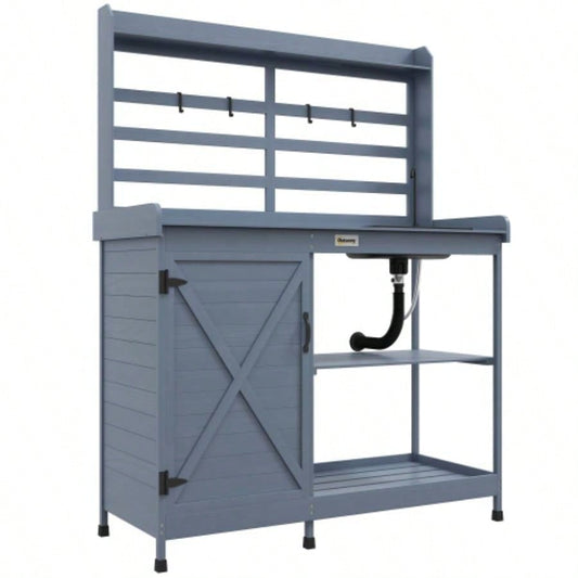 Outsunny Wooden Potting, Outdoor Potting Table with Storage Cabinet, Storage Shelves, Sink, Tap, Wood Table Top Backyard, Patio, Balcony, Gray