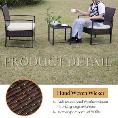 3 Piece Outdoor PE Wicker Furniture Set, Patio Brown Rattan Sectional Sofa Couch with Washable Cushions
