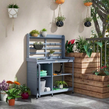 Outsunny Wooden Potting, Outdoor Potting Table with Storage Cabinet, Storage Shelves, Sink, Tap, Wood Table Top Backyard, Patio, Balcony, Gray