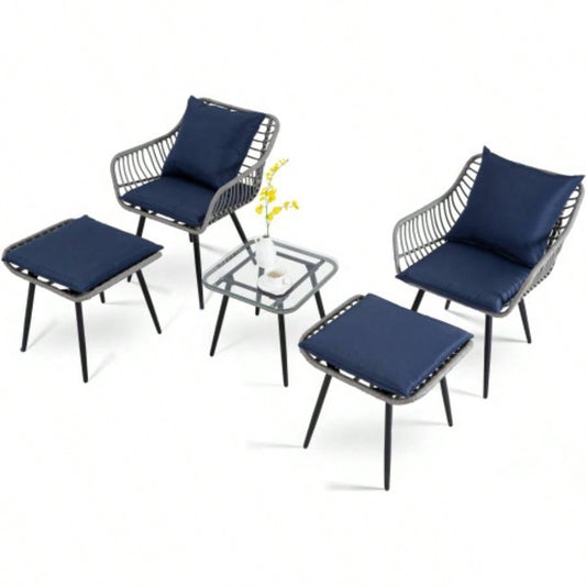 5 Piece Patio Bistro Set with Ottoman, Outdoor Wicker Apartment Balcony Furniture Sets, Rattan Table and Chairs Set of 2 Porch Backyard Lawn Poolside Deck Gray/Blue