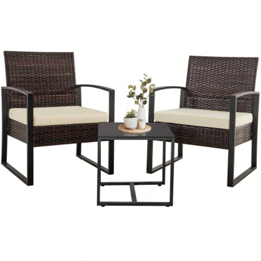 3 Piece Outdoor PE Wicker Furniture Set, Patio Brown Rattan Sectional Sofa Couch with Washable Cushions