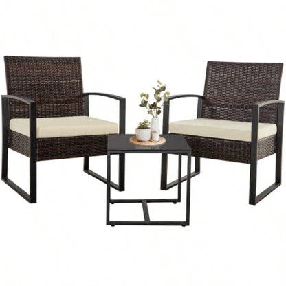 3 Piece Outdoor PE Wicker Furniture Set, Patio Brown Rattan Sectional Sofa Couch with Washable Cushions