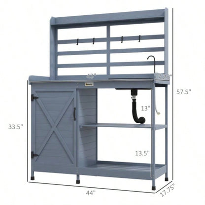 Outsunny Wooden Potting, Outdoor Potting Table with Storage Cabinet, Storage Shelves, Sink, Tap, Wood Table Top Backyard, Patio, Balcony, Gray
