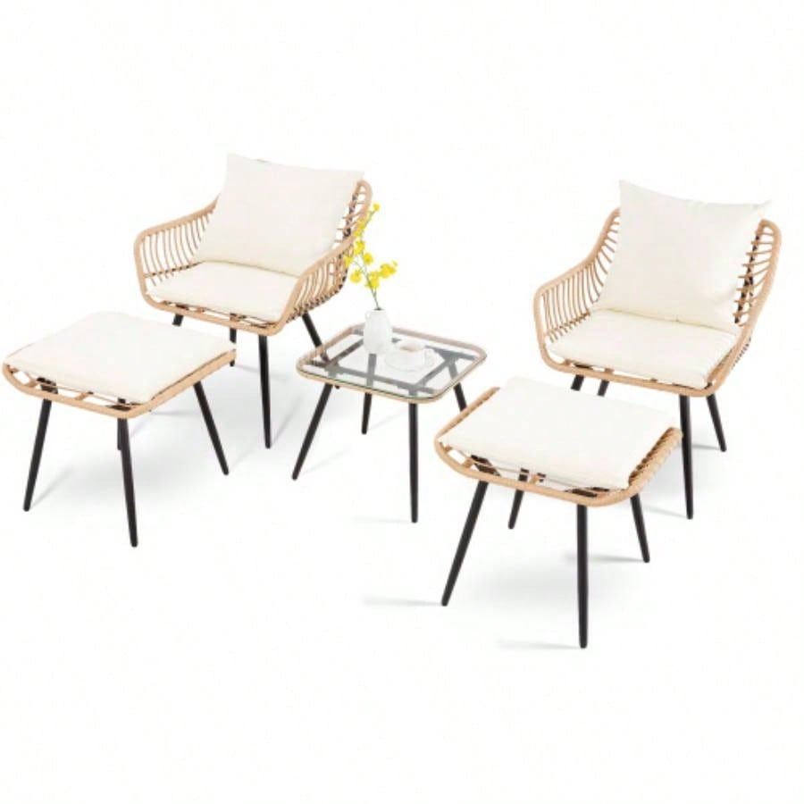 5 Piece Patio Bistro Set with Ottoman, Outdoor Wicker Apartment Balcony Furniture Sets, Rattan Table and Chairs Set of 2 Porch Backyard Lawn Poolside Deck Yellow/Beige