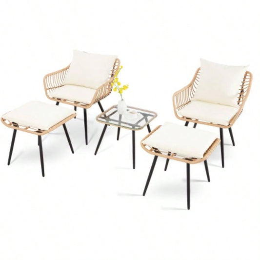 5 Piece Patio Bistro Set with Ottoman, Outdoor Wicker Apartment Balcony Furniture Sets, Rattan Table and Chairs Set of 2 Porch Backyard Lawn Poolside Deck Yellow/Beige