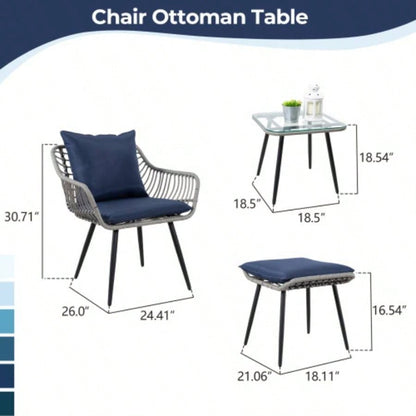 5 Piece Patio Bistro Set with Ottoman, Outdoor Wicker Apartment Balcony Furniture Sets, Rattan Table and Chairs Set of 2 Porch Backyard Lawn Poolside Deck Gray/Blue