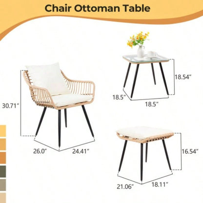 5 Piece Patio Bistro Set with Ottoman, Outdoor Wicker Apartment Balcony Furniture Sets, Rattan Table and Chairs Set of 2 Porch Backyard Lawn Poolside Deck Yellow/Beige