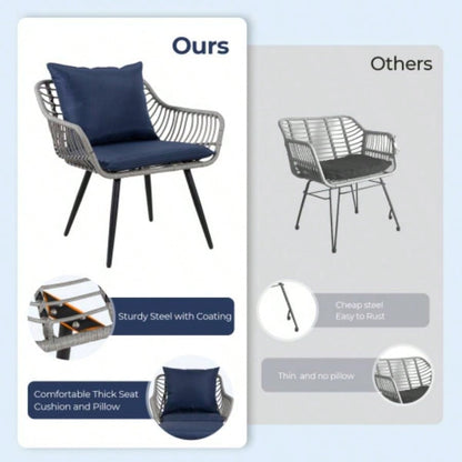 5 Piece Patio Bistro Set with Ottoman, Outdoor Wicker Apartment Balcony Furniture Sets, Rattan Table and Chairs Set of 2 Porch Backyard Lawn Poolside Deck Gray/Blue
