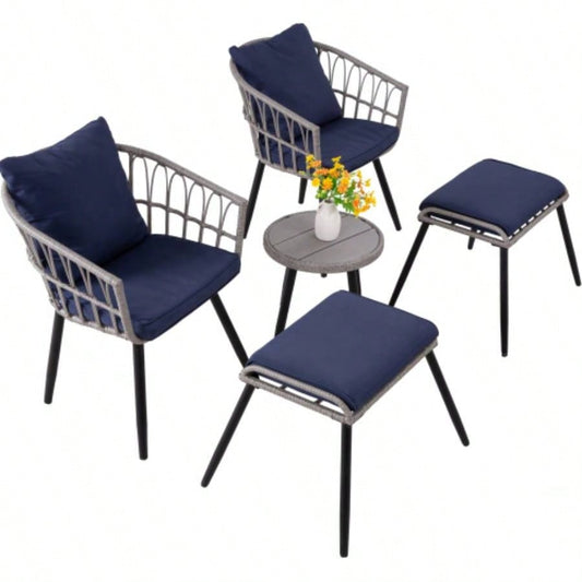 5 Piece Patio Bistro Set with Ottoman, Outdoor Wicker Apartment Balcony Furniture Sets, Rattan Table and Chairs Set of 2 Porch Backyard Deck, Gray, Blue