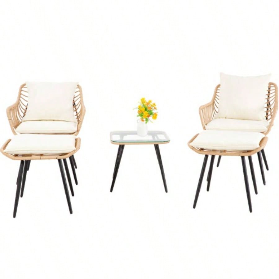 5 Piece Patio Bistro Set with Ottoman, Outdoor Wicker Apartment Balcony Furniture Sets, Rattan Table and Chairs Set of 2 Porch Backyard Lawn Poolside Deck Yellow/Beige