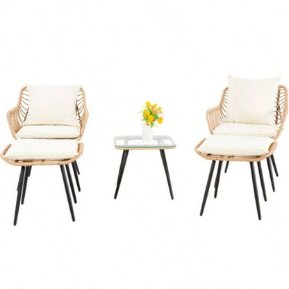 5 Piece Patio Bistro Set with Ottoman, Outdoor Wicker Apartment Balcony Furniture Sets, Rattan Table and Chairs Set of 2 Porch Backyard Lawn Poolside Deck Yellow/Beige