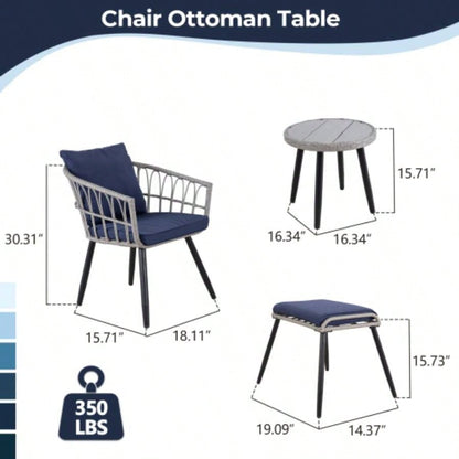 5 Piece Patio Bistro Set with Ottoman, Outdoor Wicker Apartment Balcony Furniture Sets, Rattan Table and Chairs Set of 2 Porch Backyard Deck, Gray, Blue