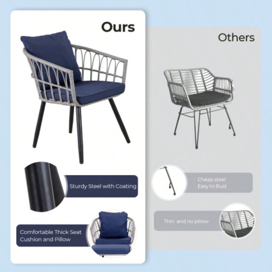5 Piece Patio Bistro Set with Ottoman, Outdoor Wicker Apartment Balcony Furniture Sets, Rattan Table and Chairs Set of 2 Porch Backyard Deck, Gray, Blue