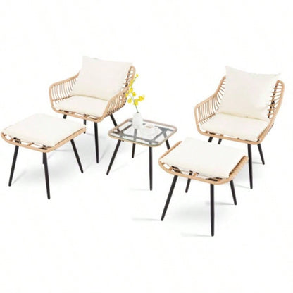 5 Piece Patio Bistro Set with Ottoman, Outdoor Wicker Apartment Balcony Furniture Sets, Rattan Table and Chairs Set of 2 Porch Backyard Lawn Poolside Deck Yellow/Beige