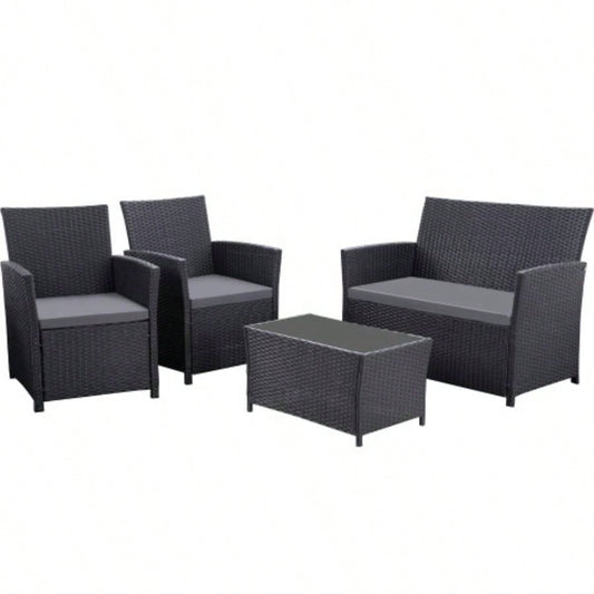 4 Piece Outdoor PE Wicker Furniture Set, Patio Black Rattan Sectional Sofa Couch with Washable Cushions