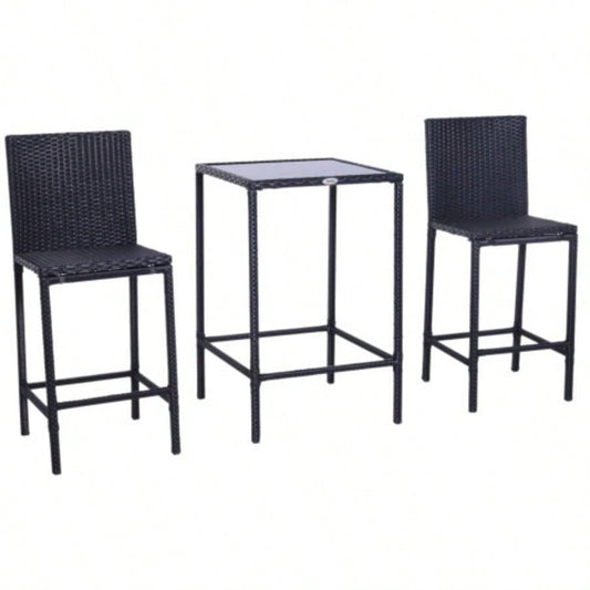 Outsunny 3pcs Rattan Bar Set with Glass Top Table, 2 Bar Stools Outdoor, Patio, Garden, Poolside, Backyard