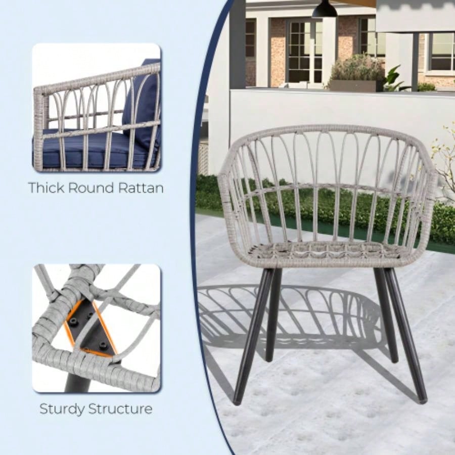 5 Piece Patio Bistro Set with Ottoman, Outdoor Wicker Apartment Balcony Furniture Sets, Rattan Table and Chairs Set of 2 Porch Backyard Deck, Gray, Blue