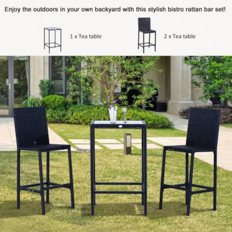 Outsunny 3pcs Rattan Bar Set with Glass Top Table, 2 Bar Stools Outdoor, Patio, Garden, Poolside, Backyard