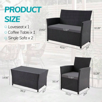 4 Piece Outdoor PE Wicker Furniture Set, Patio Black Rattan Sectional Sofa Couch with Washable Cushions