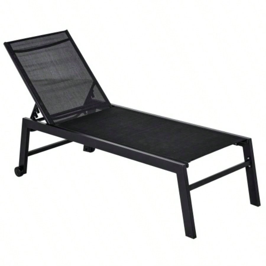 Outsunny Outdoor Lounge Chair, Patio Lounger with 5 - Position Reclining Backrest and 2 Wheels Poolside, Beach, Lawn, Black