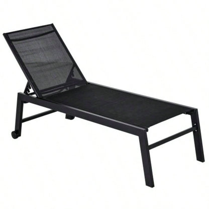 Outsunny Outdoor Lounge Chair, Patio Lounger with 5 - Position Reclining Backrest and 2 Wheels Poolside, Beach, Lawn, Black