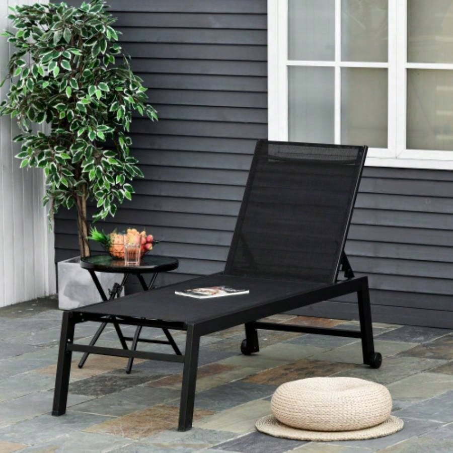 Outsunny Outdoor Lounge Chair, Patio Lounger with 5 - Position Reclining Backrest and 2 Wheels Poolside, Beach, Lawn, Black