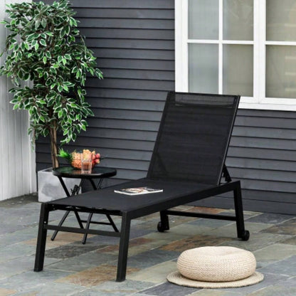 Outsunny Outdoor Lounge Chair, Patio Lounger with 5 - Position Reclining Backrest and 2 Wheels Poolside, Beach, Lawn, Black