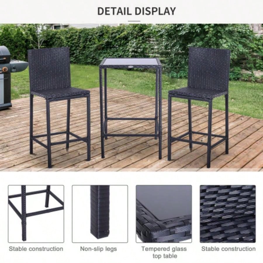 Outsunny 3pcs Rattan Bar Set with Glass Top Table, 2 Bar Stools Outdoor, Patio, Garden, Poolside, Backyard