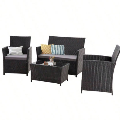4 Piece Outdoor PE Wicker Furniture Set, Patio Black Rattan Sectional Sofa Couch with Washable Cushions